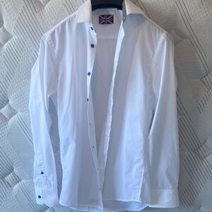 White Button Down Shirt with Blue Accents